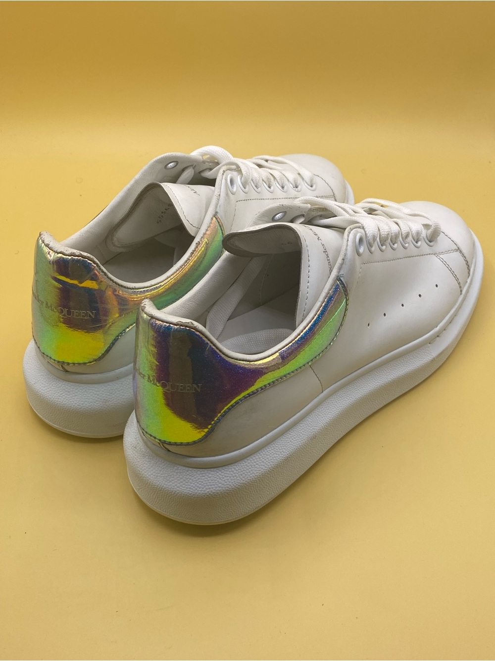 Alexander McQueen White Leather Oversized Sneakers with Iridescent Heel - Picture 2 of 4